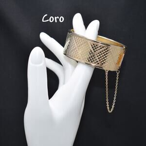 Vintage Coro Pegasus Geometric Hinged Bracelet, Gold Plated, Safety Chain, 1950s